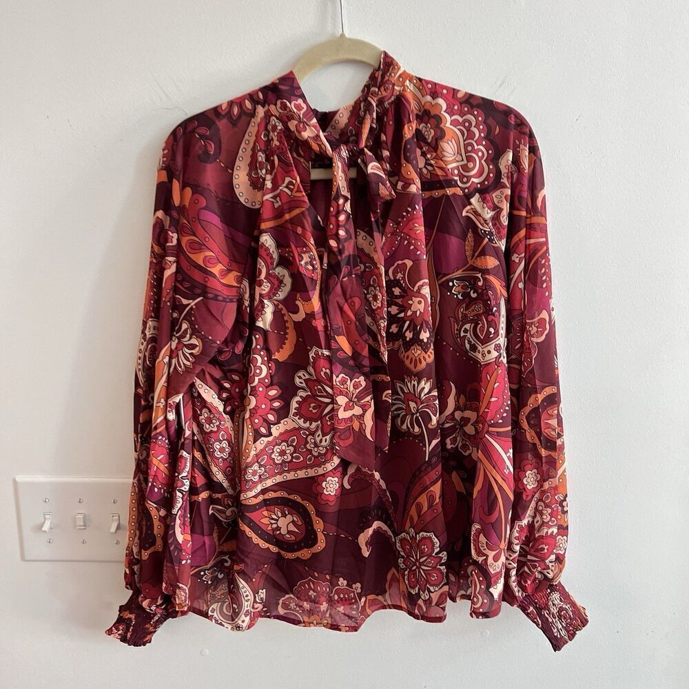 AURA Red Paisley Blouse Tie Neck Flowy Balloon Sleeves Top Large Women’s NWT - Picture 9 of 9